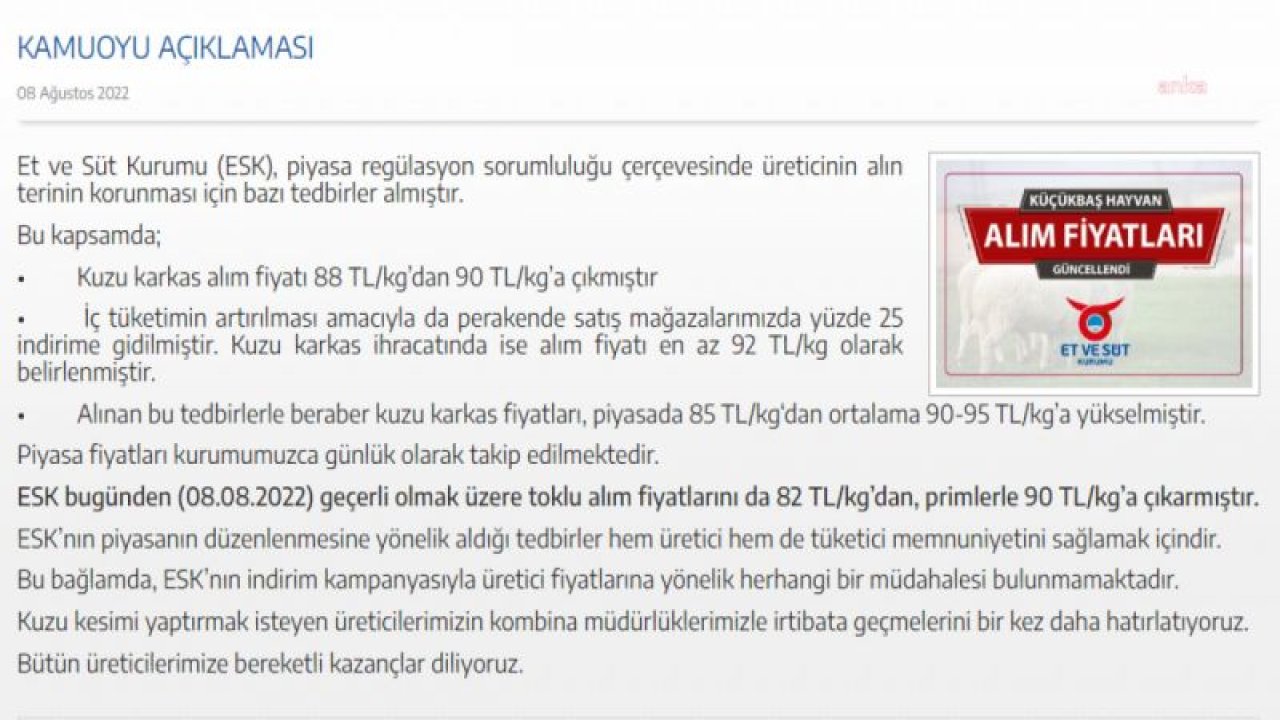 ESK, KUZU KARKAS ALIM FİYATINI 88 TL'DEN 90 TL'YE YÜKSELTTİ