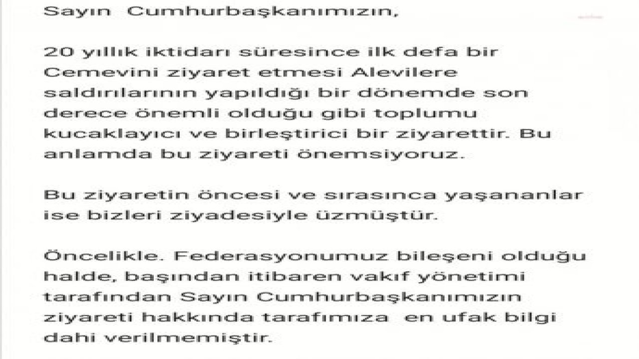 ALEVİ VAKIFLAR FEDERASYONU, ERDOĞAN’IN ZİYARET ETTİĞİ CEMEVİNİ YÖNETEN HÜSEYİN GAZİ KÜLTÜR VE SANAT VAKFI YÖNETİMİ HAKKINDA İHRAÇ İŞLEMİ BAŞLATTI