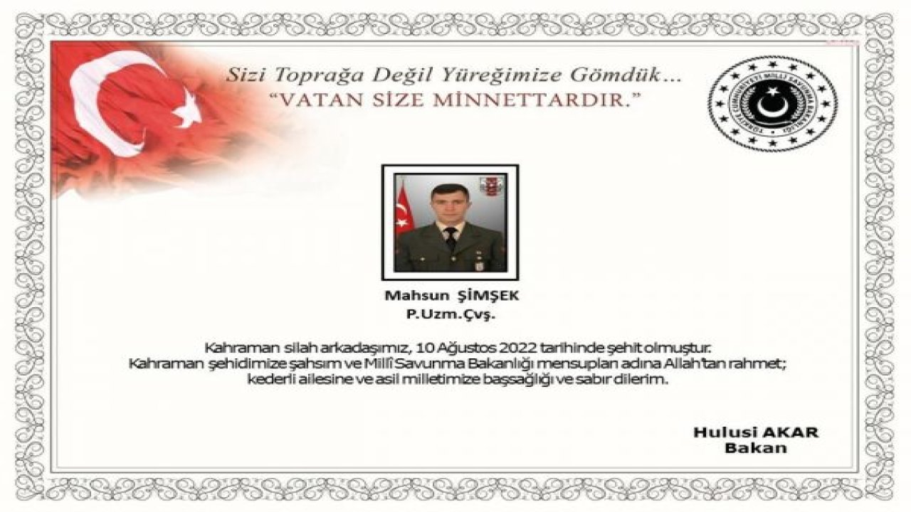 MSB: UZMAN ÇAVUŞ MAHSUN ŞİMŞEK PENÇE-KİLİT OPERASYONU BÖLGESİNDE ŞEHİT OLDU