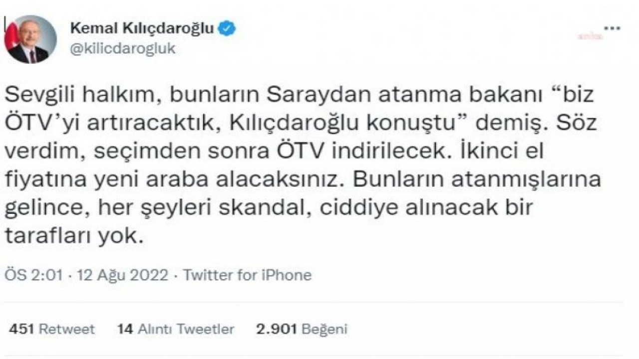 KILIÇDAROĞLU: “SEVGİLİ HALKIM, BUNLARIN SARAYDAN ATANMA BAKANI ‘BİZ ÖTV’Yİ ARTIRACAKTIK, KILIÇDAROĞLU KONUŞTU’ DEMİŞ. SÖZ VERDİM, SEÇİMDEN SONRA ÖTV İNDİRİLECEK”