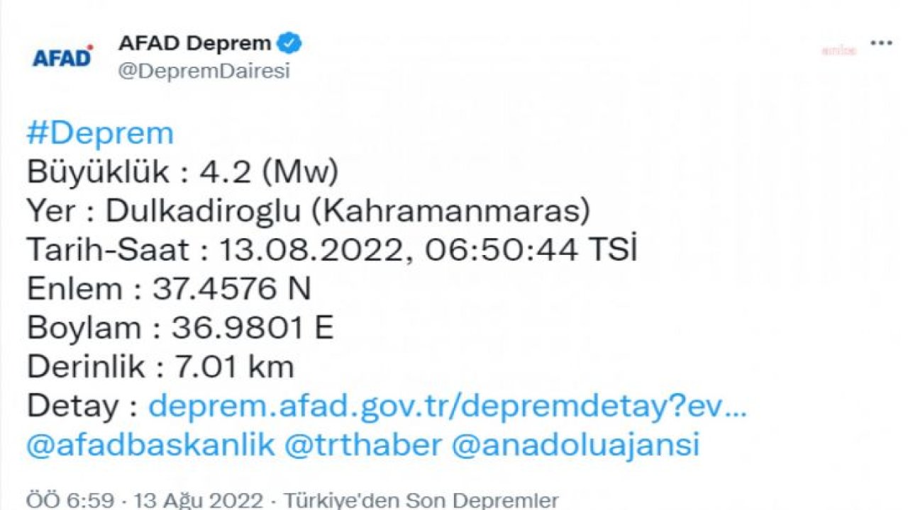 KAHRAMANMARAŞ DULKADİROĞLU’NDA 4.2 BÜYÜKLÜĞÜNDE DEPREM