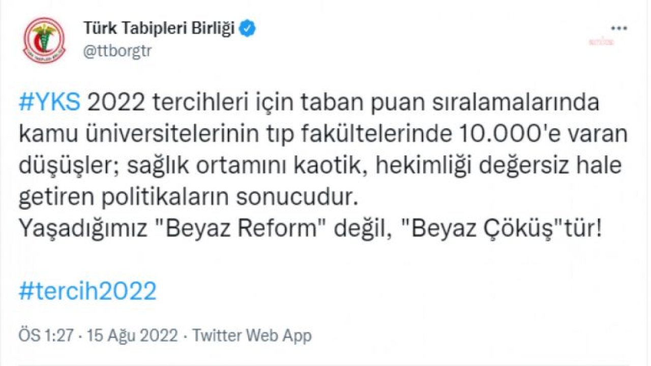 TTB: "YAŞADIĞIMIZ 'BEYAZ REFORM' DEĞİL, 'BEYAZ ÇÖKÜŞ'TÜR!