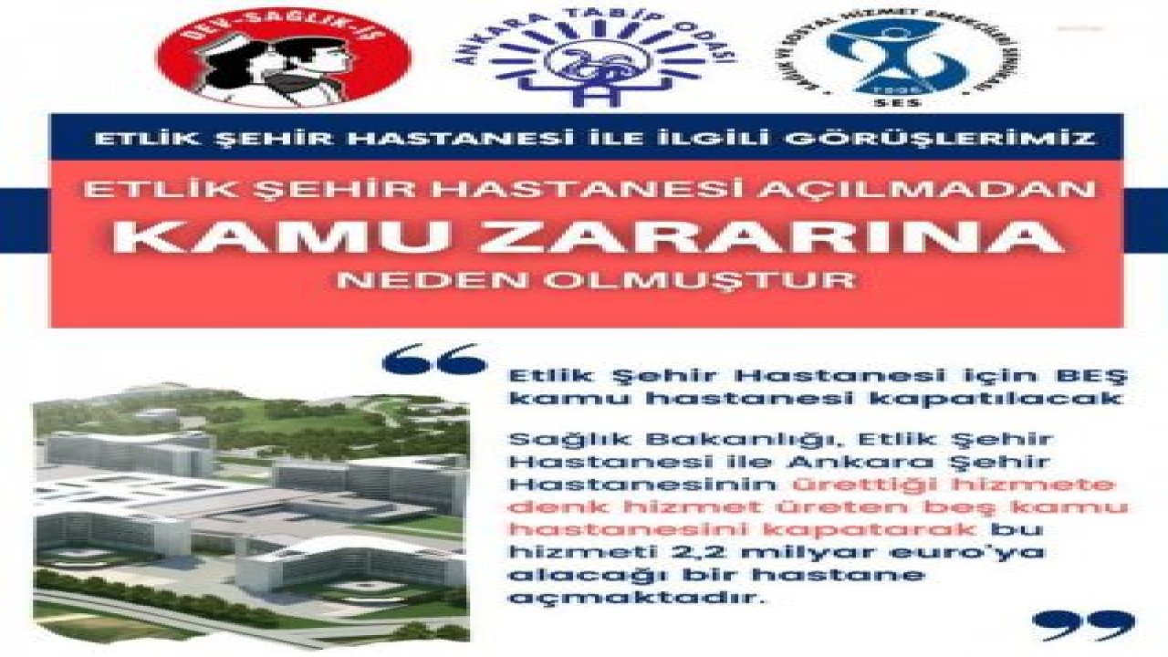 SAĞLIK MESLEK ÖRGÜTLERİ: YAPIMI 5 YIL GECİKEN ETLİK ŞEHİR HASTANESİ’NİN İŞLETME SÜRESİNİN KISALTILMAMASI KAMU ZARARINI ARTIRACAK