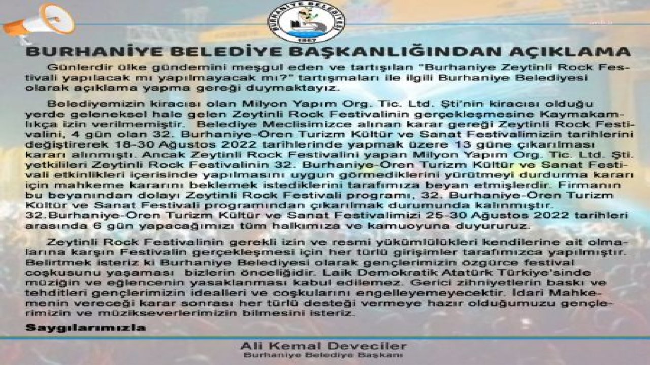 BURHANİYE BELEDİYESİ'NDEN 'ZEYTİNLİ ROCK FESTİVALİ' AÇIKLAMASI: "MAHKEME KARARI SONRASI HER TÜRLÜ DESTEĞİ VERMEYE HAZIRIZ"