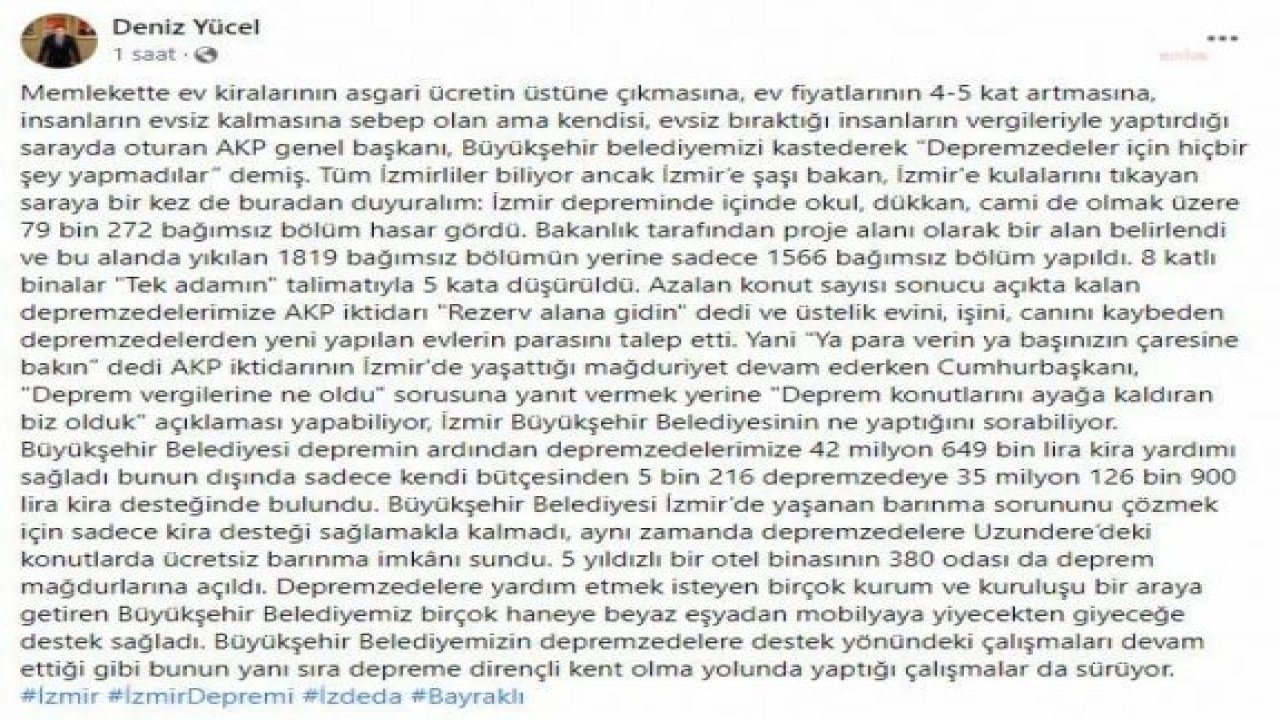 DENİZ YÜCEL'DEN CUMHURBAŞKANI ERDOĞAN'A 'DEPREMZEDE' TEPKİSİ: "EV FİYATLARININ 4-5 KAT ARTMASINA, İNSANLARIN EVSİZ KALMASINA SEBEP OLAN KENDİSİ"