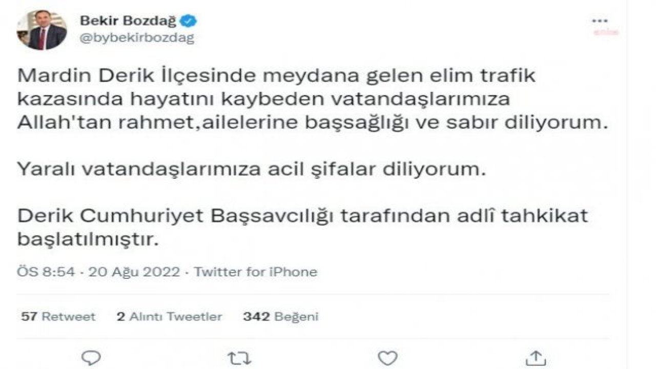 ADALET BAKANI BOZDAĞ: “DERİK CUMHURİYET BAŞSAVCILIĞI TARAFINDAN ADLÎ TAHKİKAT BAŞLATILMIŞTIR”