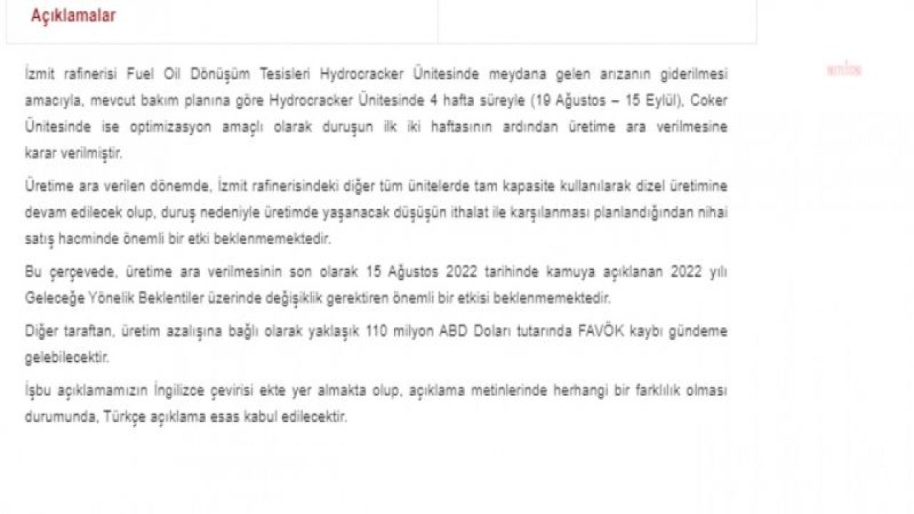 TÜPRAŞ, İZMİT HYDROCRACKER ÜNİTESİNDE 4 HAFTA SÜREYLE ÜRETİME ARA VERDİ