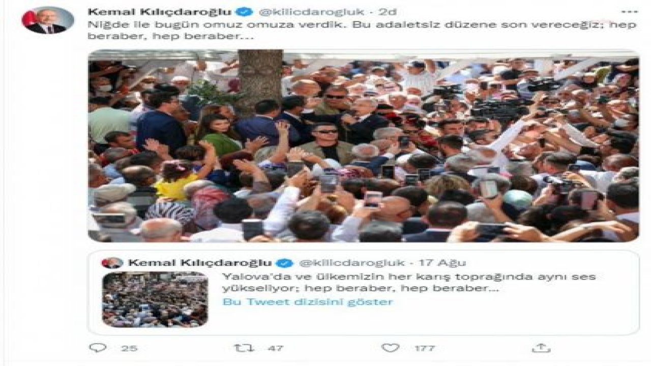 KILIÇDAROĞLU: “NİĞDE İLE BUGÜN OMUZ OMUZA VERDİK. BU ADALETSİZ DÜZENE SON VERECEĞİZ; HEP BERABER, HEP BERABER”