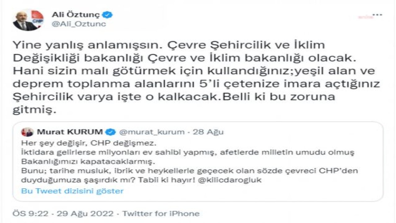 ALİ ÖZTUNÇ’TAN BAKAN KURUM’A: “YİNE YANLIŞ ANLAMIŞSIN. HANİ SİZİN MALI GÖTÜRMEK İÇİN KULLANDIĞINIZ ‘ŞEHİRCİLİK’ VAR YA İŞTE O KALKACAK. BELLİ Kİ BU ZORUNA GİTMİŞ”