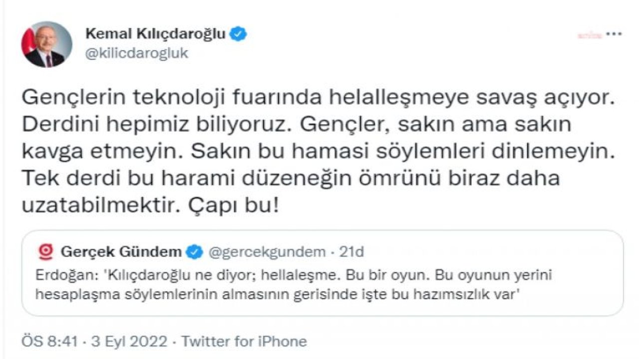 KILIÇDAROĞLU’NDAN GENÇLERE ERDOĞAN UYARISI: "SAKIN DİNLEMEYİN. TEK DERDİ BU HARAMİ DÜZENEĞİN ÖMRÜNÜ BİRAZ DAHA UZATABİLMEK. ÇAPI BU"