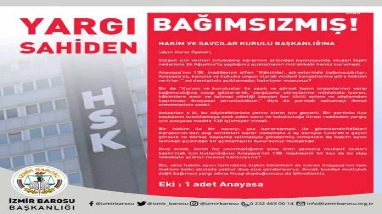 İZMİR BAROSU'NDAN KARABURUN ADLİYESİ'NDE YAŞANANLARA TEPKİ: "YARGI SAHİDEN BAĞIMSIZMIŞ"