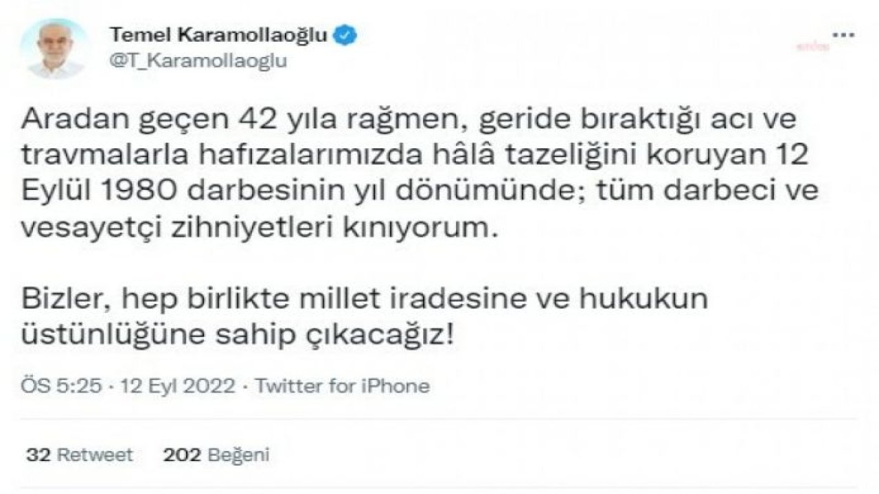 KARAMOLLAOĞLU: 12 EYLÜL DARBESİNİN YIL DÖNÜMÜNDE, TÜM DARBECİ VE VESAYETÇİ ZİHNİYETLERİ KINIYORUM. BİZLER, HEP BİRLİKTE MİLLET İRADESİNE VE HUKUKUN ÜSTÜNLÜĞÜNE SAHİP ÇIKACAĞIZ