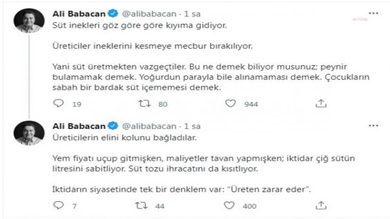 BABACAN: SÜTÜN LİTRESİNİ BUGÜN İÇİN EN AZ 9 TL’YE YÜKSELTMEK VE YEMİN YARISINI HİBE ETMEK ARTIK BİR MECBURİYETTİR