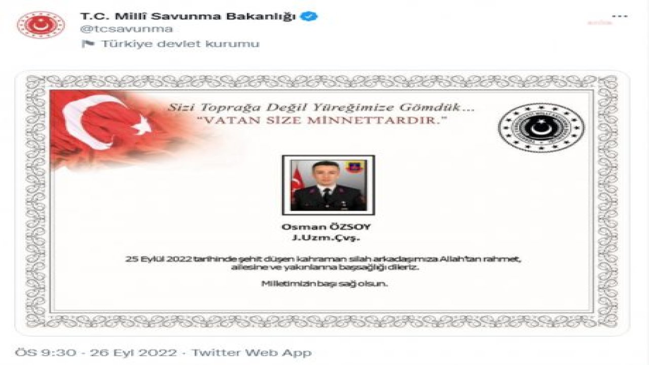 MSB: JANDARMA UZMAN ÇAVUŞ OSMAN ÖZSOY ŞEHİT OLDU