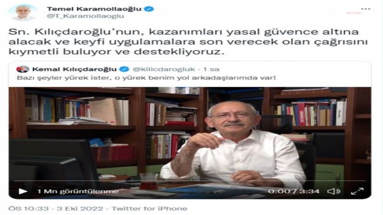 KARAMOLLAOĞLU: SAYIN KILIÇDAROĞLU’NUN, KAZANIMLARI YASAL GÜVENCE ALTINA ALACAK VE KEYFİ UYGULAMALARA SON VERECEK OLAN ÇAĞRISINI KIYMETLİ BULUYOR VE DESTEKLİYORUZ