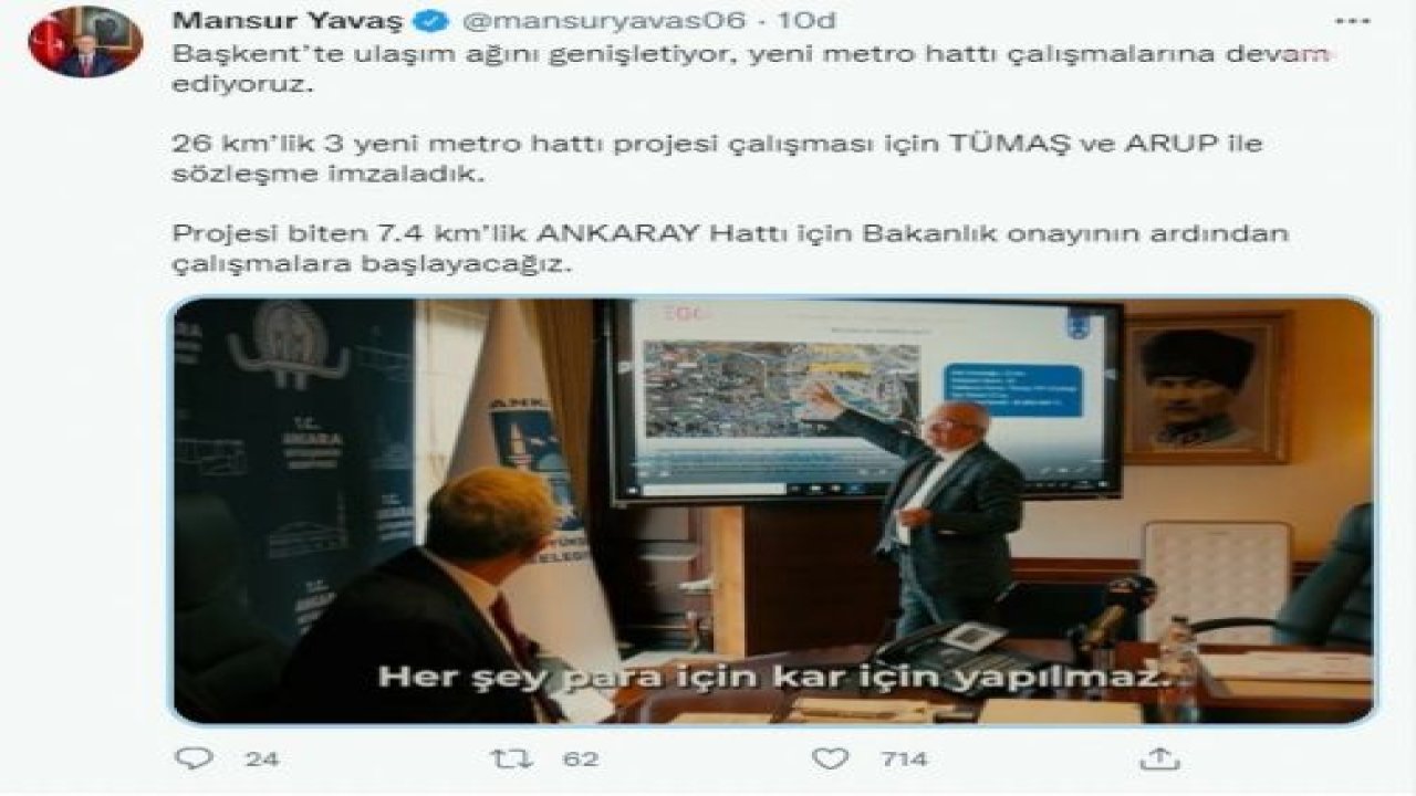 MANSUR YAVAŞ: YENİ METRO HATTI ÇALIŞMALARINA DEVAM EDİYORUZ