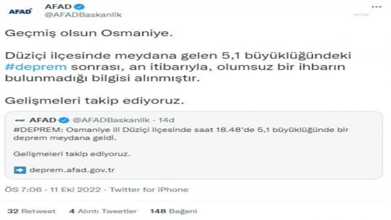 OSMANİYE DÜZİÇİ’NDE 5,1 BÜYÜKLÜĞÜNDE DEPREM MEYDANA GELDİ