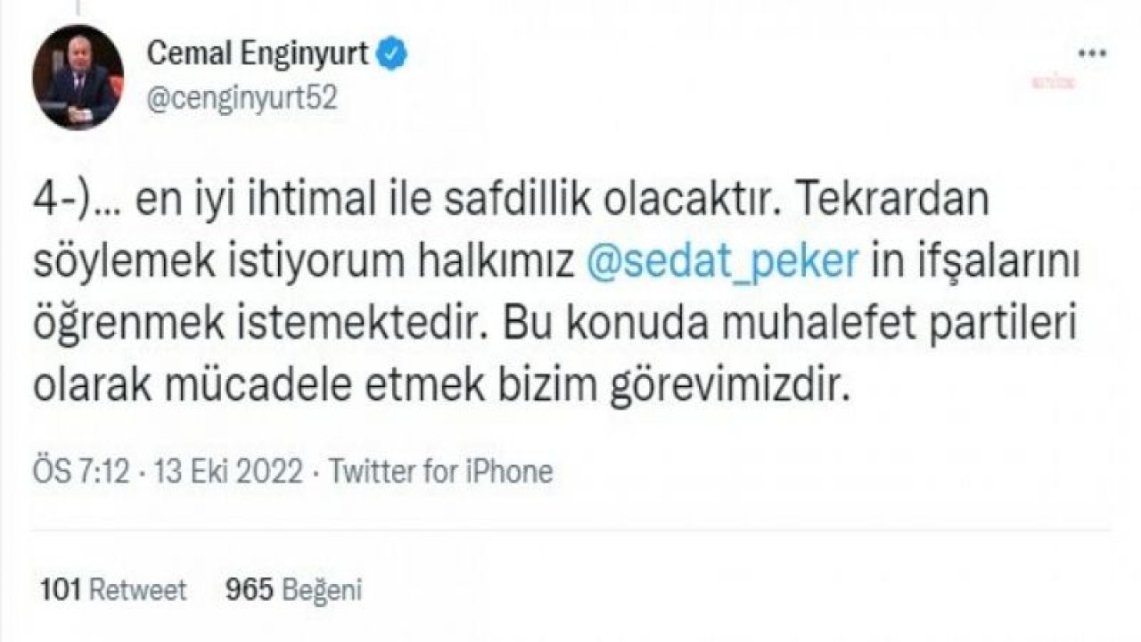 CEMAL ENGİNYURT: “SEDAT PEKER’İN BULUNDUĞU BİRLEŞİK ARAP EMİRLİKLERİ’NE GİTMEK İÇİN BİLETLERİMİZİ ALDIK. ANCAK GÜVENLİK GEREKÇESİ İLE SEDAT PEKER İLE GÖRÜŞTÜRÜLEMEYECEĞİMİZİ ÖĞRENDİM”