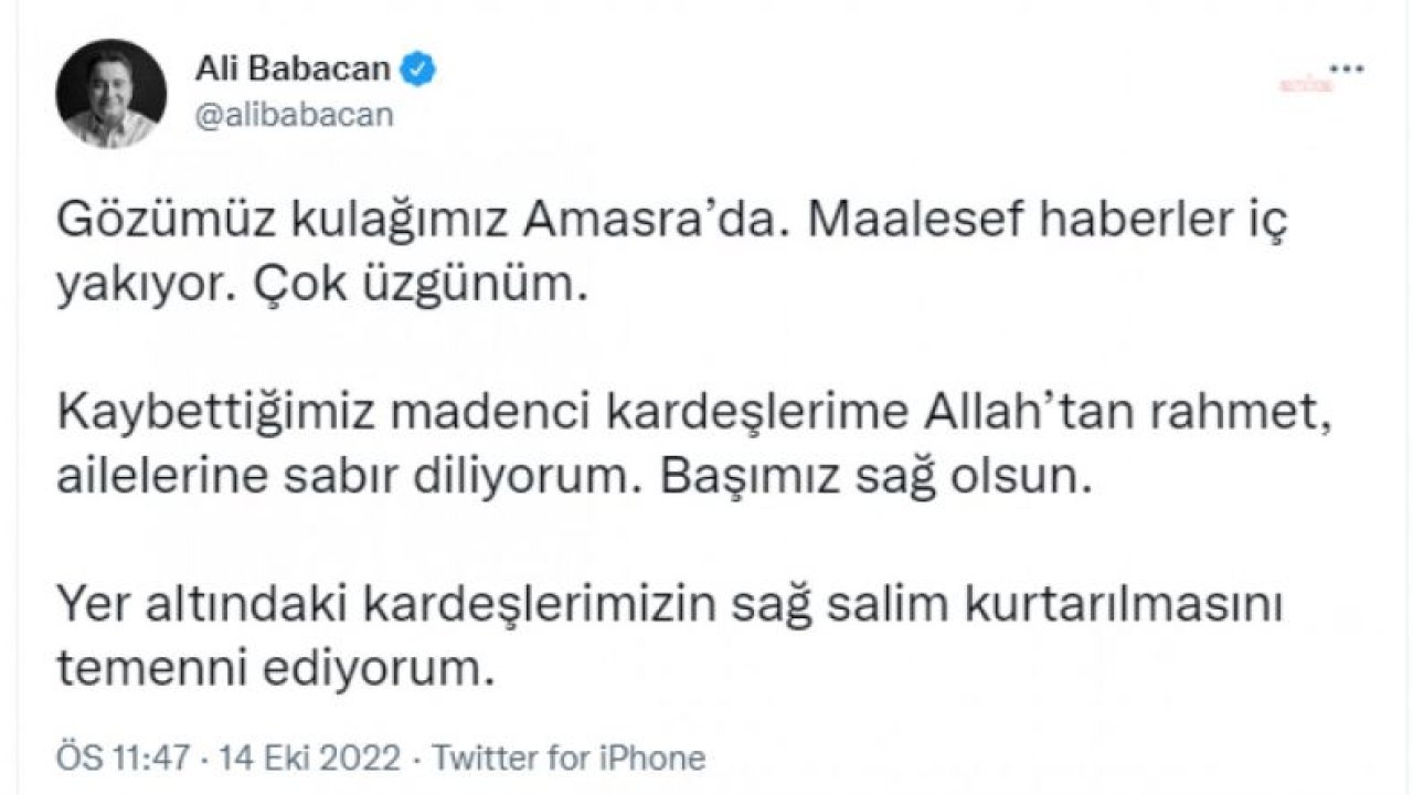 BARTIN’DA MADEN FACİASI… BABACAN: “ÇOK ÜZGÜNÜM. KAYBETTİĞİMİZ MADENCİ KARDEŞLERİME ALLAH’TAN RAHMET, AİLELERİNE SABIR DİLİYORUM. BAŞIMIZ SAĞ OLSUN”