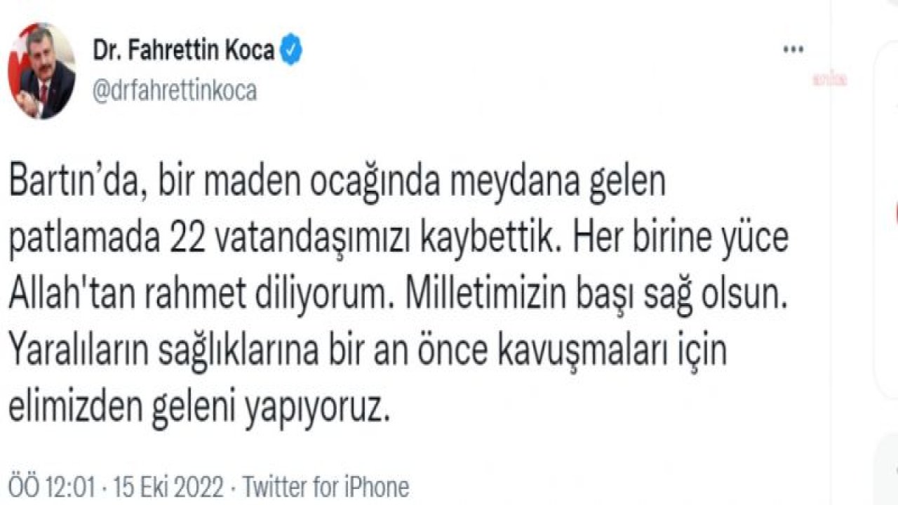 BARTIN’DA MADEN FACİASI… SAĞLIK BAKANI KOCA, YAŞAMINI YİTİRENLERİN SAYISININ 22’YE YÜKSELDİĞİNİ AÇIKLADI