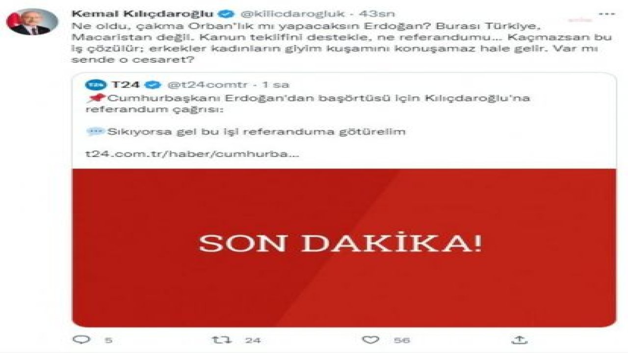 KILIÇDAROĞLU'NDAN ERDOĞAN'IN REFERANDUM ÇAĞRISINA YANIT: KANUN TEKLİFİNİ DESTEKLE, NE REFERANDUMU... VAR MI SENDE O CESARET?