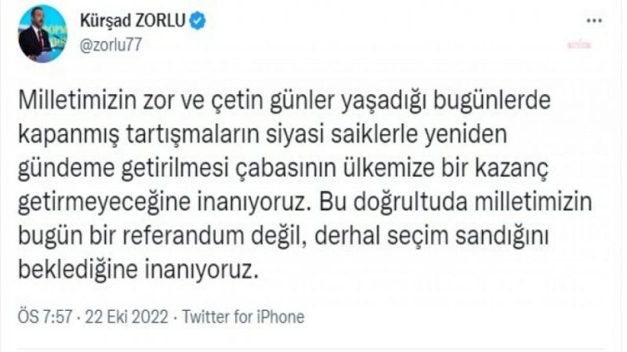 İYİ PARTİ SÖZCÜSÜ ZORLU’DAN ERDOĞAN'IN REFERANDUM ÇAĞRISINA YANIT: MİLLETİMİZİN BUGÜN BİR REFERANDUM DEĞİL, DERHAL SEÇİM SANDIĞINI BEKLEDİĞİNE İNANIYORUZ