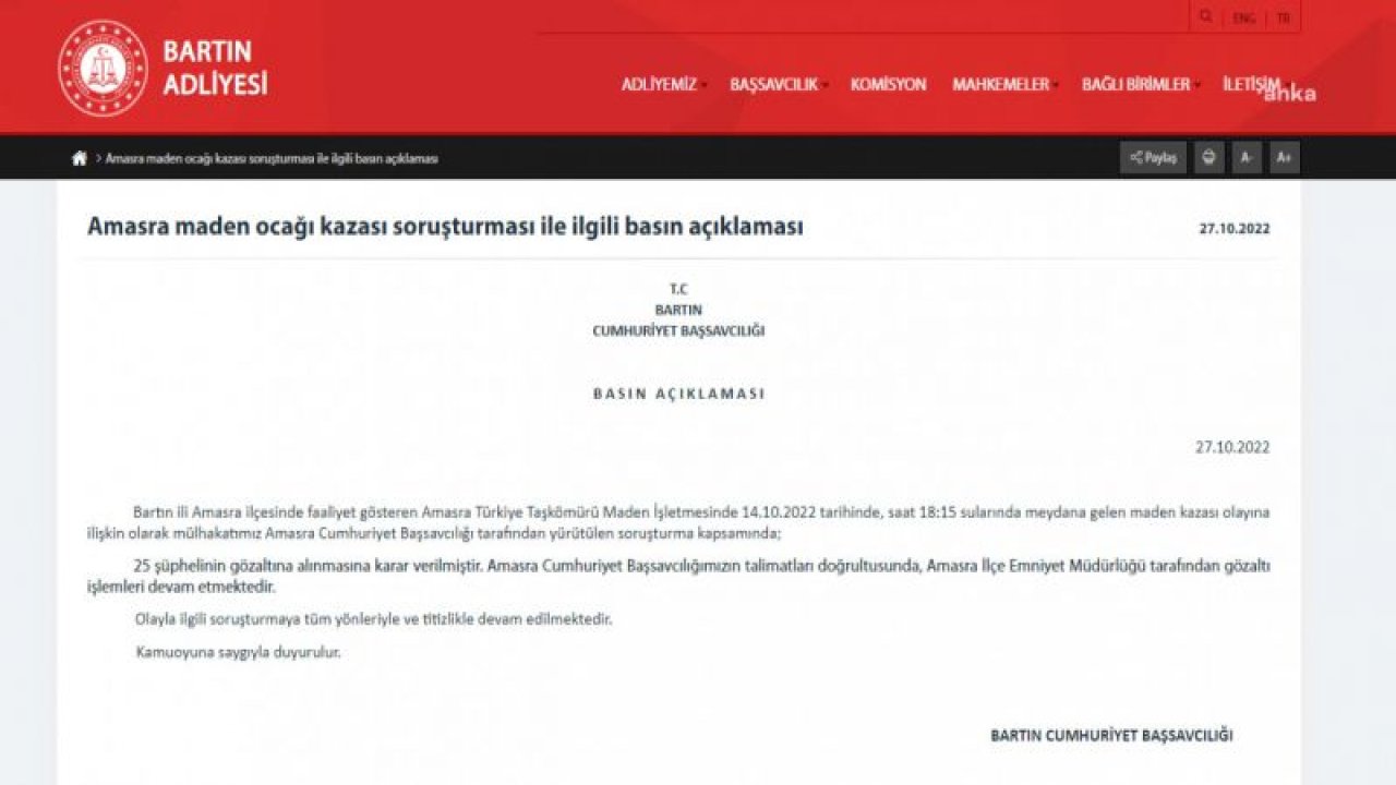 BARTIN BAŞSAVCILIĞI, AMASRA MADEN FACİASINA İLİŞKİN SORUŞTURMADA 25 ŞÜPHELİ İÇİN GÖZALTI KARARI VERDİ