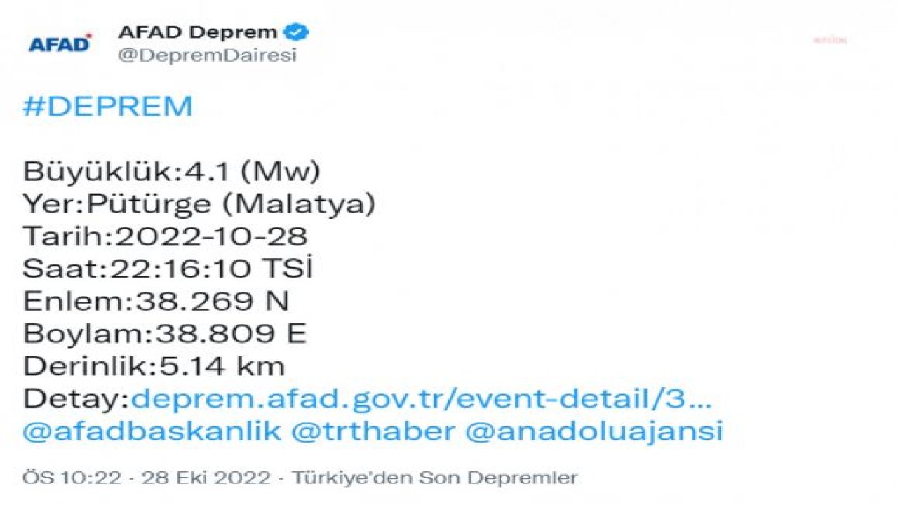 MALATYA PÜTÜRGE’DE 4.1 BÜYÜKLÜĞÜNDE DEPREM MEYDANA GELDİ