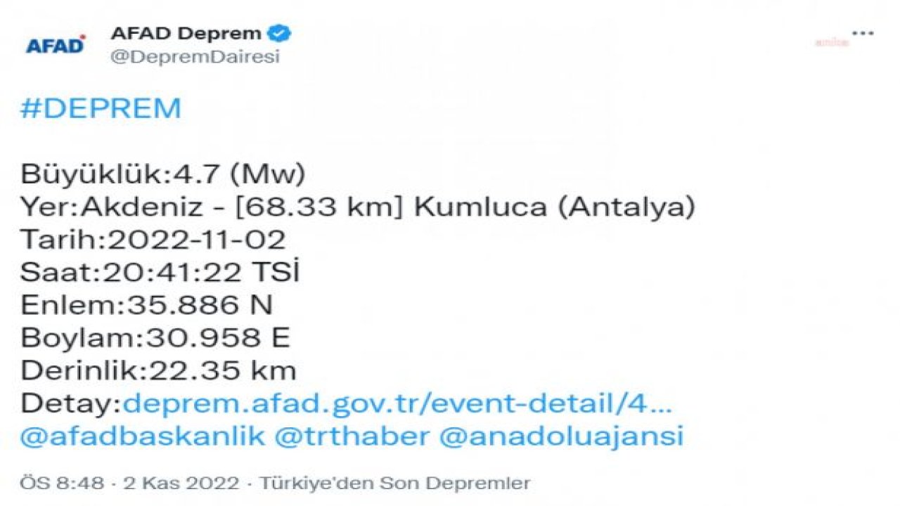 ANTALYA'DA 4.7 BÜYÜKLÜĞÜNDE DEPREM OLDU