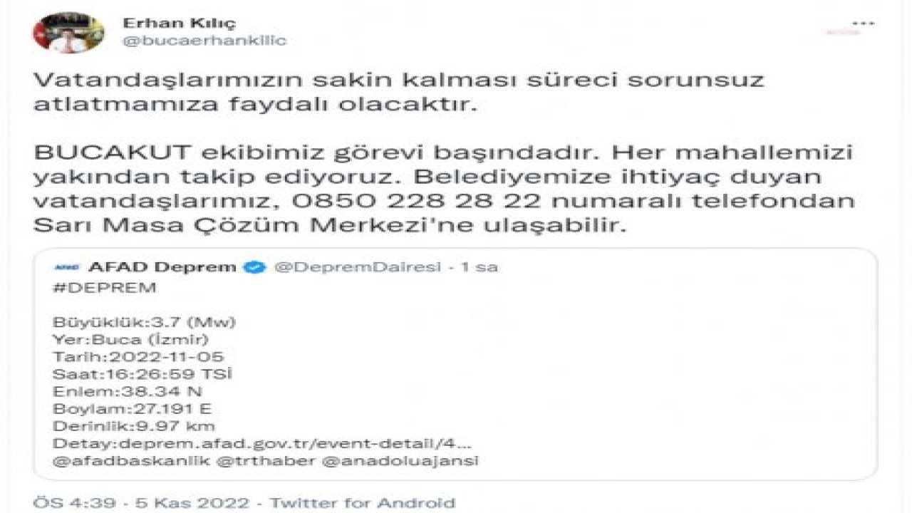 BUCA BELEDİYE BAŞKANI ERHAN KILIÇ: “VATANDAŞLARIMIZIN SAKİN KALMASI SÜRECİ SORUNSUZ ATLATMAMIZA FAYDALI OLACAKTIR. BUCAKUT EKİBİMİZ GÖREVİ BAŞINDADIR”