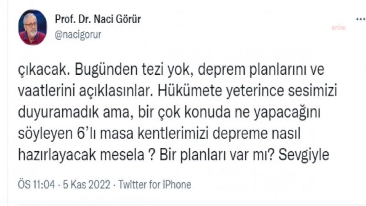 PROF. DR. NACİ GÖRÜR’DEN SİYASETÇİLERE ÇAĞRI: “BUGÜNDEN TEZİ YOK, DEPREM PLANLARINI VE VAATLERİNİ AÇIKLASINLAR”