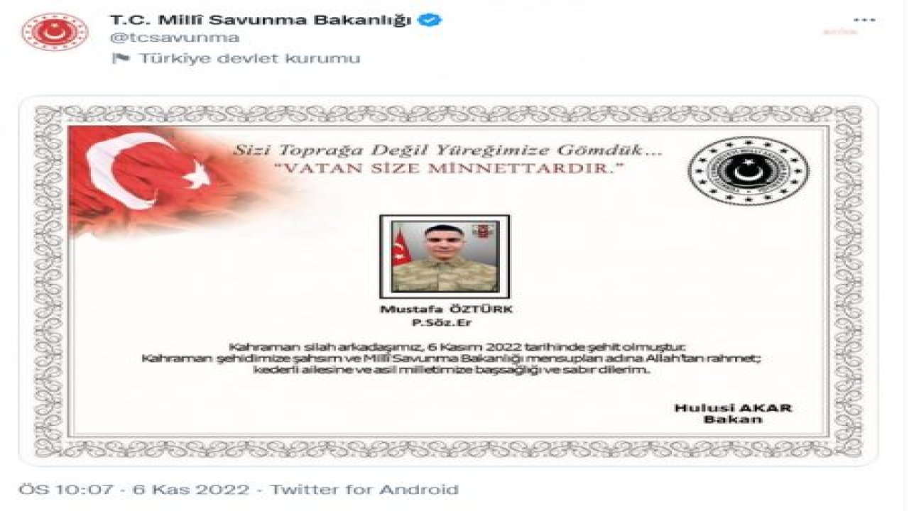 MSB: SÖZLEŞMELİ ER MUSTAFA ÖZTÜRK ŞEHİT OLDU