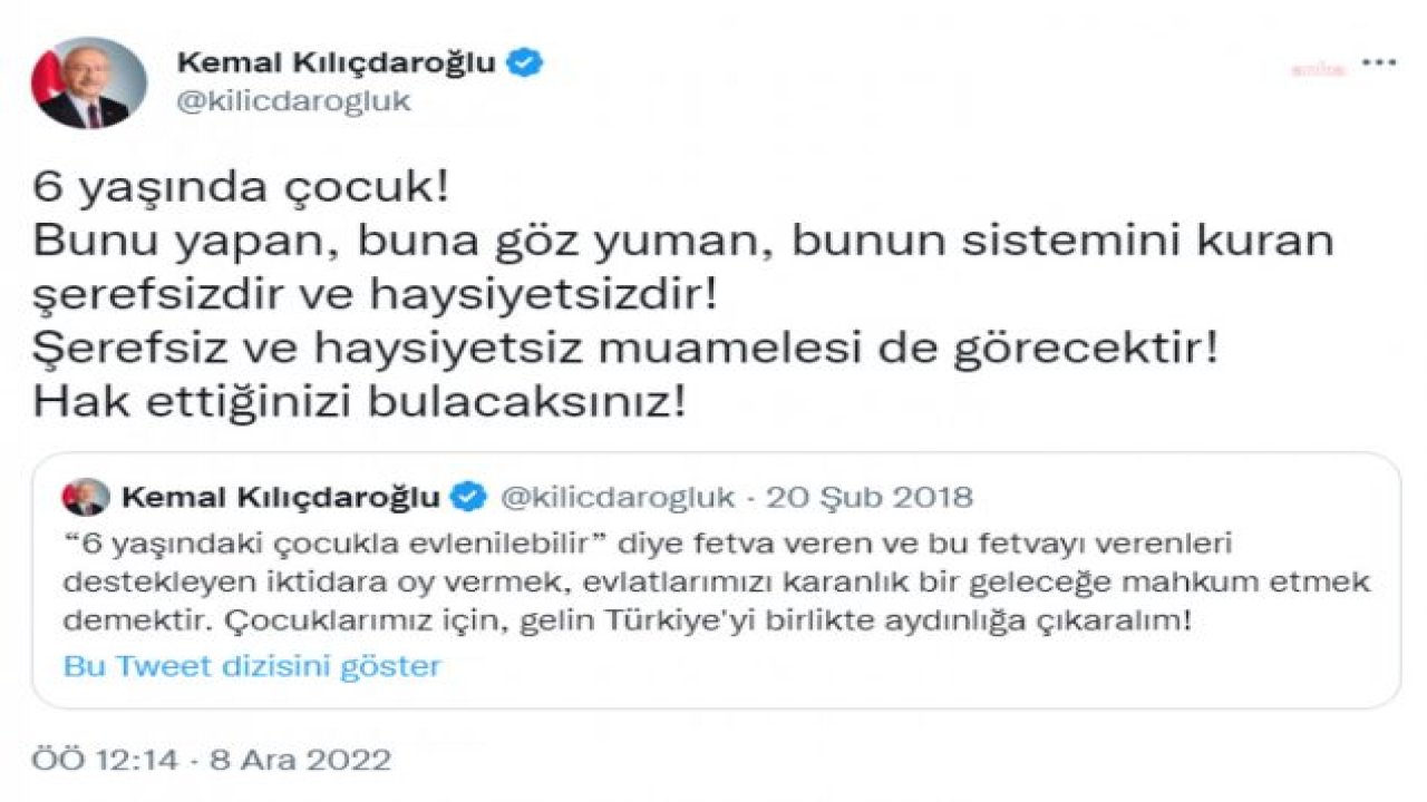 KILIÇDAROĞLU: 6 YAŞINDA ÇOCUK! BUNU YAPAN, BUNA GÖZ YUMAN, BUNUN SİSTEMİNİ KURAN ŞEREFSİZDİR VE HAYSİYETSİZDİR! ŞEREFSİZ VE HAYSİYETSİZ MUAMELESİ DE GÖRECEKTİR! HAK ETTİĞİNİZİ BULACAKSINIZ