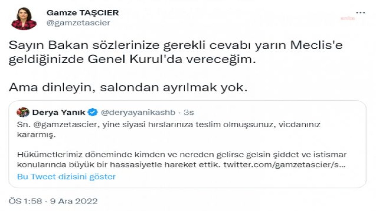 GAMZE TAŞCIER’DEN BAKAN YANIK’A: “SAYIN BAKAN SÖZLERİNİZE GEREKLİ CEVABI YARIN MECLİS'E GELDİĞİNİZDE GENEL KURUL'DA VERECEĞİM. AMA DİNLEYİN, SALONDAN AYRILMAK YOK”