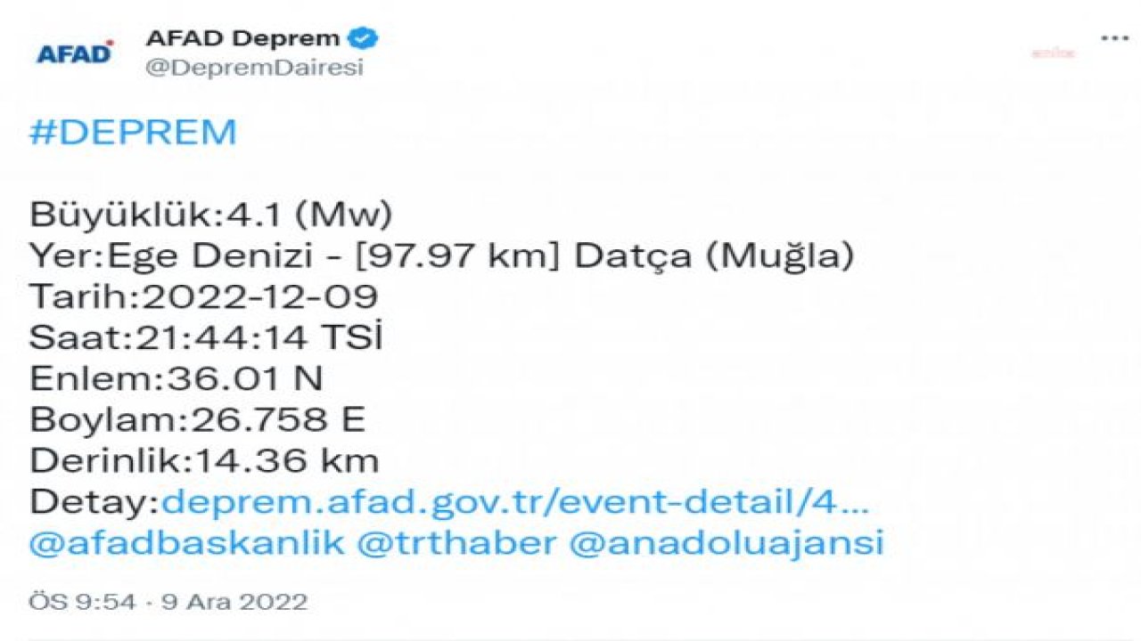 DATÇA’DA 4.1 BÜYÜKLÜĞÜNDE DEPREM MEYDANA GELDİ