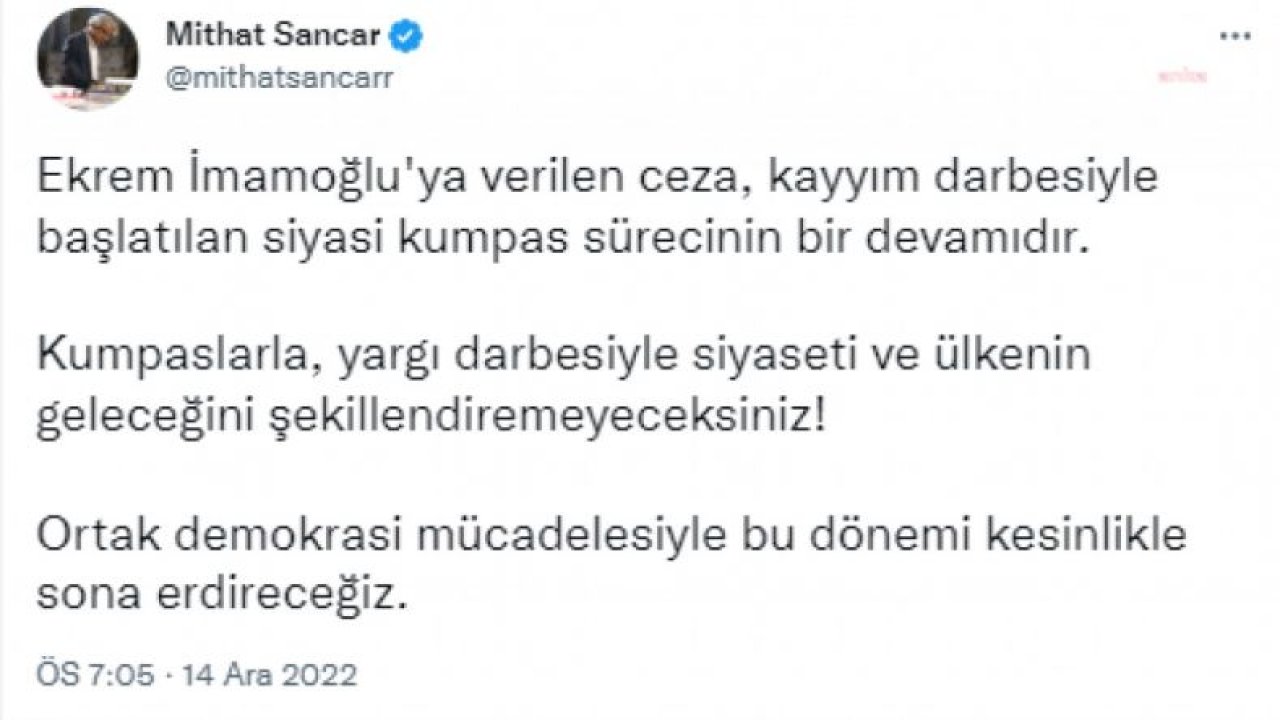 MİTHAT SANCAR: VERİLEN CEZA, KAYYIM DARBESİYLE BAŞLATILAN KUMPAS SÜRECİNİN DEVAMIDIR. ORTAK DEMOKRASİ MÜCADELESİYLE BU DÖNEMİ KESİNLİKLE SONA ERDİRECEĞİZ