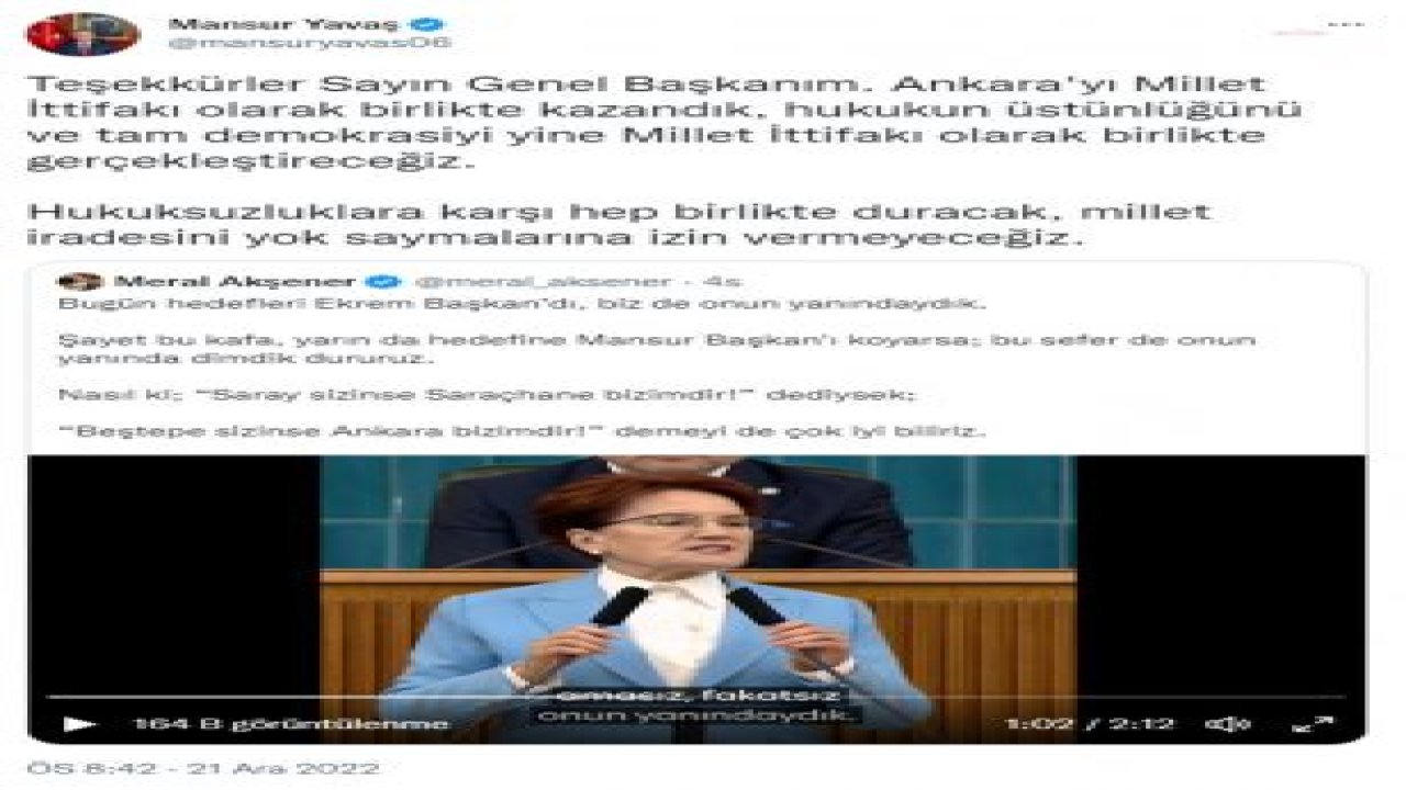 MANSUR YAVAŞ: ANKARA'YI MİLLET İTTİFAKI OLARAK BİRLİKTE KAZANDIK, HUKUKUN ÜSTÜNLÜĞÜNÜ VE TAM DEMOKRASİYİ YİNE MİLLET İTTİFAKI OLARAK BİRLİKTE GERÇEKLEŞTİRECEĞİZ