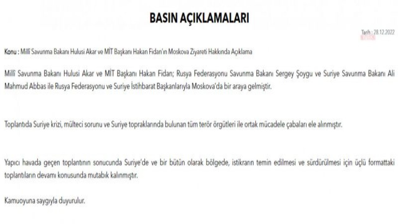 11 YIL SONRA SURİYE İLE ÜST DÜZEY İLK RESMİ GÖRÜŞME YAPILDI. TÜRKİYE, RUSYA VE SURİYE SAVUNMA BAKANLARI İLE İSTİHBARAT BAŞKANLARI MOSKOVA’DA BULUŞTU