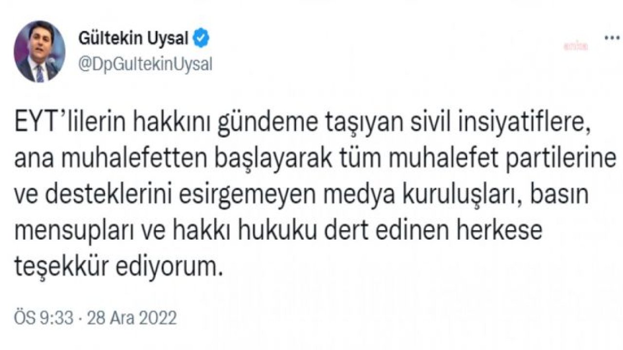 UYSAL: EYT İLE İLGİLİ VERİLEN KARAR, BİR HAKKIN TESLİMİDİR. DARISI, AKP TARAFINDAN HUKUKSUZLUK İCAT EDİLEREK HAKKI YENEN HERKESE