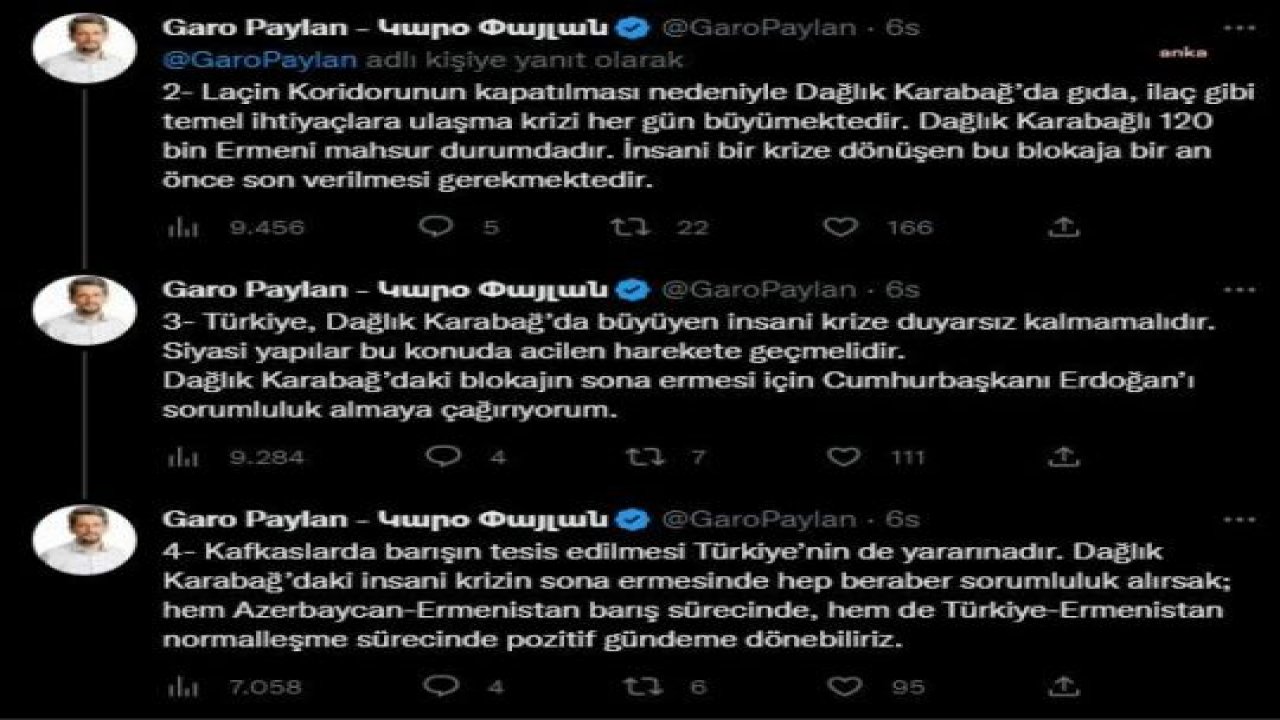 GARO PAYLAN’DAN CUMHURBAŞKANI ERDOĞAN’A 'LAÇİN KORİDORU' ÇAĞRISI: "TÜRKİYE DAĞLIK KARABAĞ'DA BÜYÜYEN İNSANİ KRİZE DUYARSIZ KALMAMALIDIR"