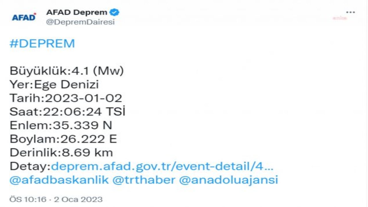 EGE DENİZİ’NDE 4.1 BÜYÜKLÜĞÜNDE DEPREM OLDU