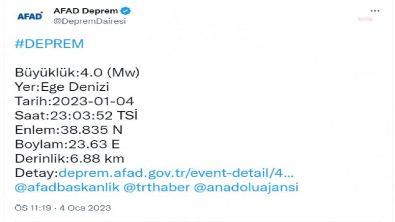 EGE DENİZİ’NDE 4 BÜYÜKLÜĞÜNDE DEPREM OLDU