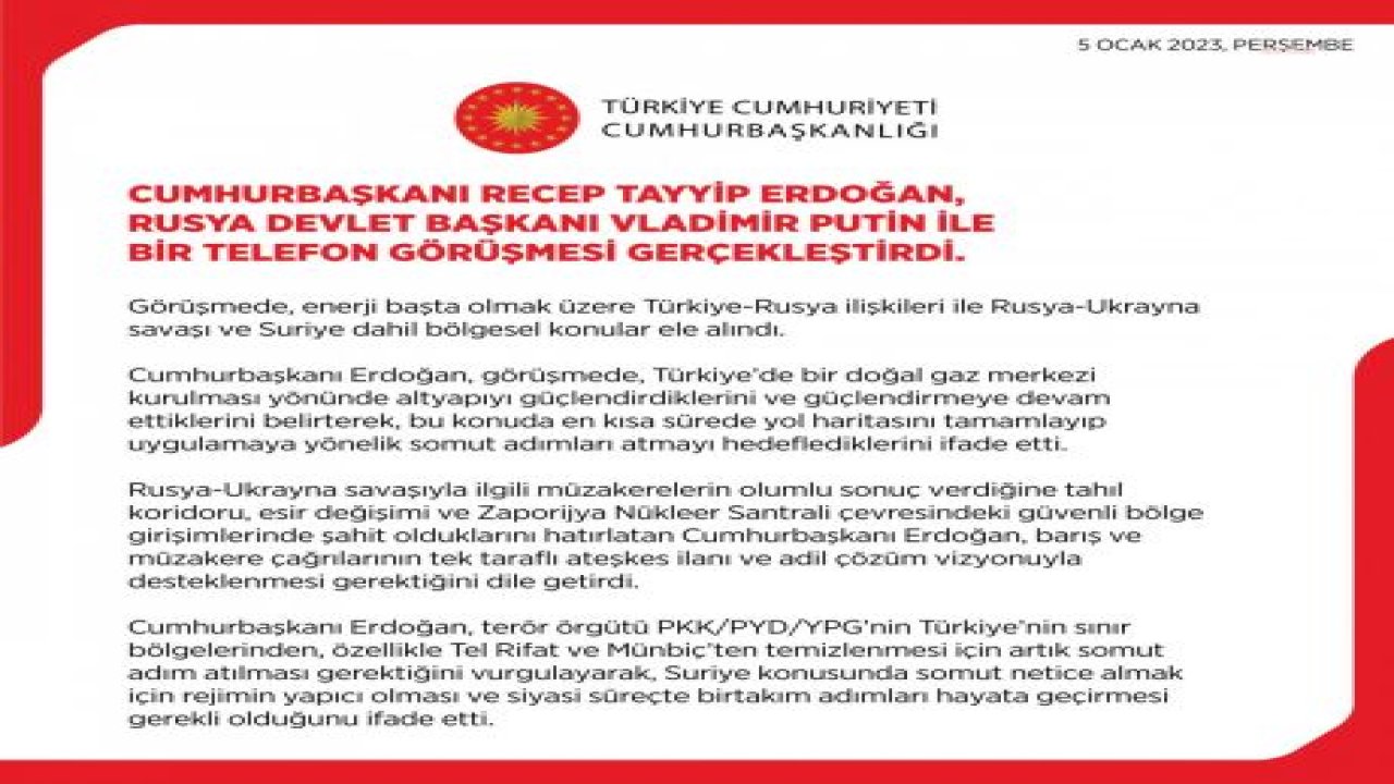 CUMHURBAŞKANI ERDOĞAN, RUSYA DEVLET BAŞKANI VLADİMİR PUTİN İLE GÖRÜŞTÜ