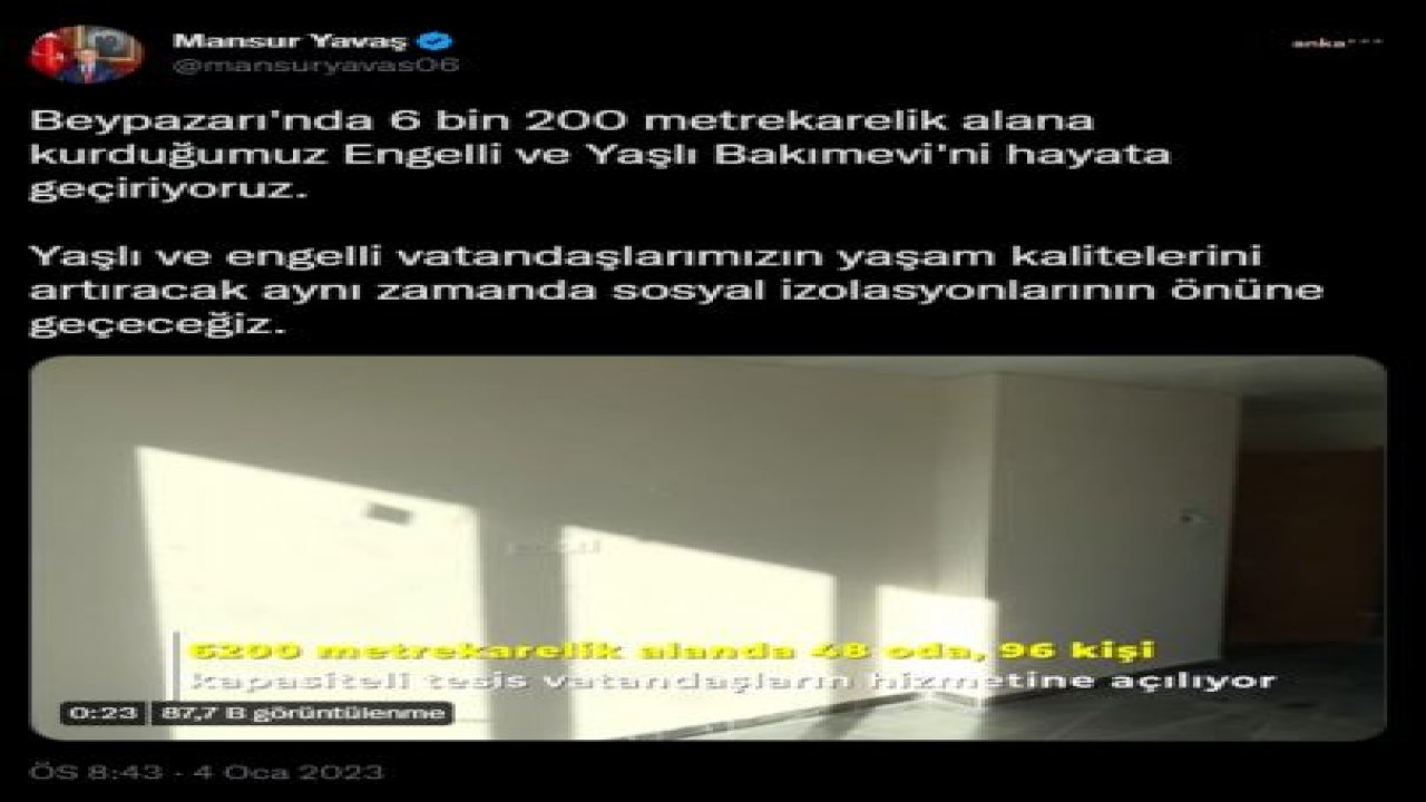 MANSUR YAVAŞ DUYURDU: ‘BEYPAZARI YAŞLI VE ENGELLİ BAKIMEVİ’ YAŞAMA GEÇİRİLİYOR