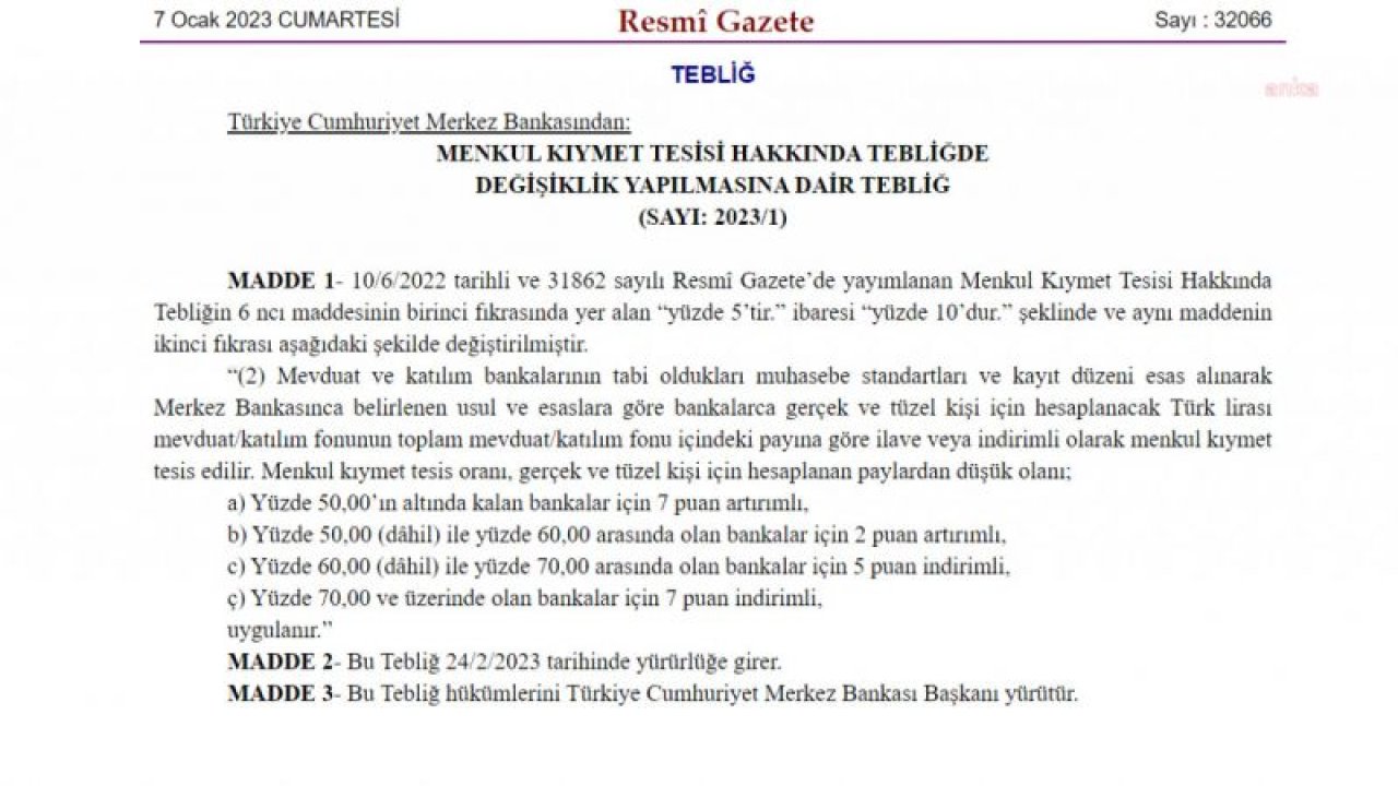 MERKEZ BANKASI, MENKUL KIYMET TESİS ORANINI YÜZDE 10’A YÜKSELTTİ