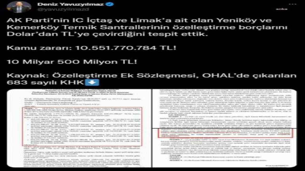 DENİZ YAVUZYILMAZ, "İÇTAŞ VE LİMAK’IN ÖZELLEŞTİRME BORÇLARININ TL’YE ÇEVRİLMESİ SONUCU KAMUNUN ZARARI  10,5 MİLYAR LİRA"