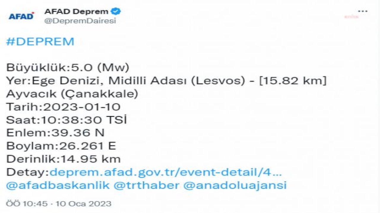 EGE DENİZİ’NDE 5.0 BÜYÜKLÜĞÜNDE DEPREM OLDU