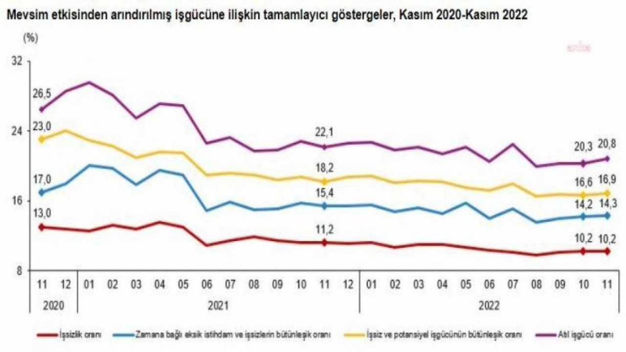 TÜİK: KASIM AYINDA İŞSİZ SAYISI 3 MİLYON 576 BİN KİŞİYE YÜKSELDİ