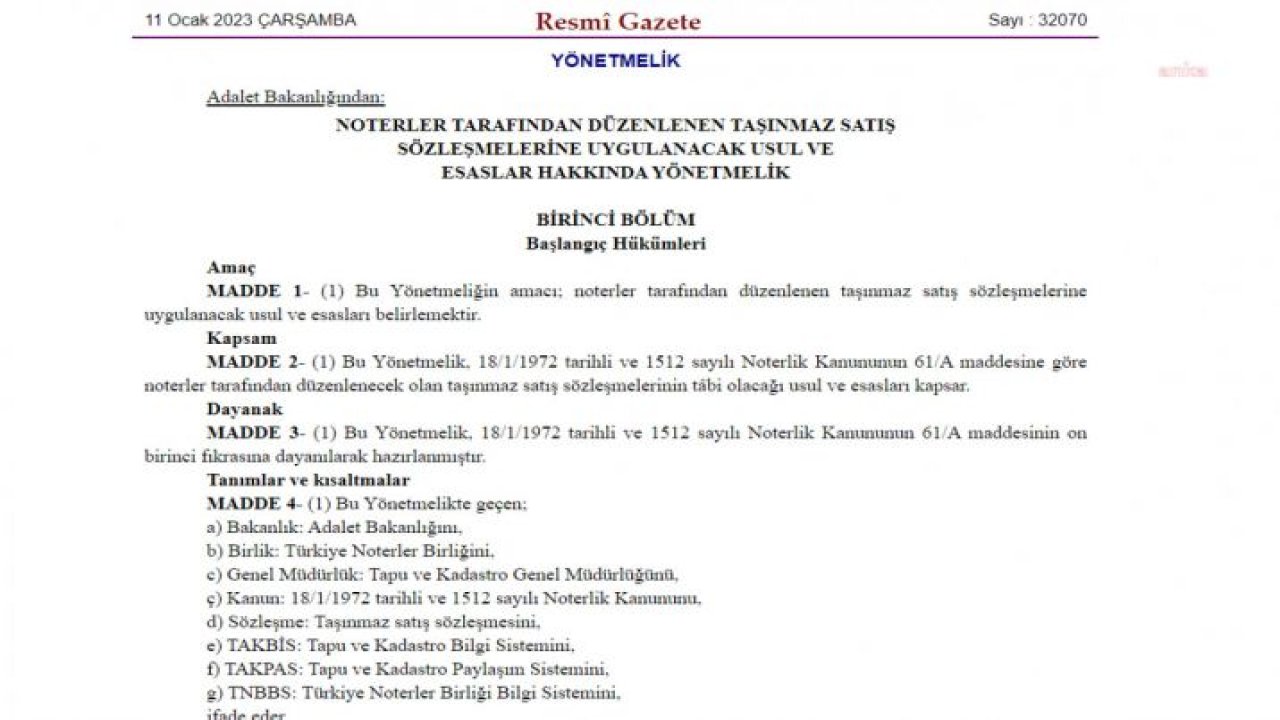 TAŞINMAZ SATIŞ SÖZLEŞMELERİNDE NOTERLİK ÜCRETLERİ 500 LİRADAN AZ, 4 BİN LİRADAN FAZLA OLAMAYACAK