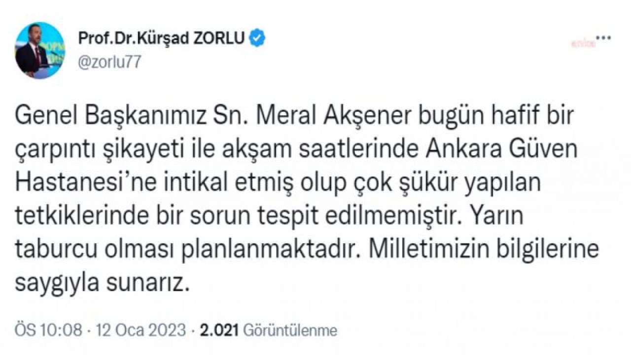 İYİ PARTİ GENEL BAŞKANI MERAL AKŞENER ÇARPINTI NEDENİYLE HASTANEYE GİTTİ, YARIN TABURCU OLACAK